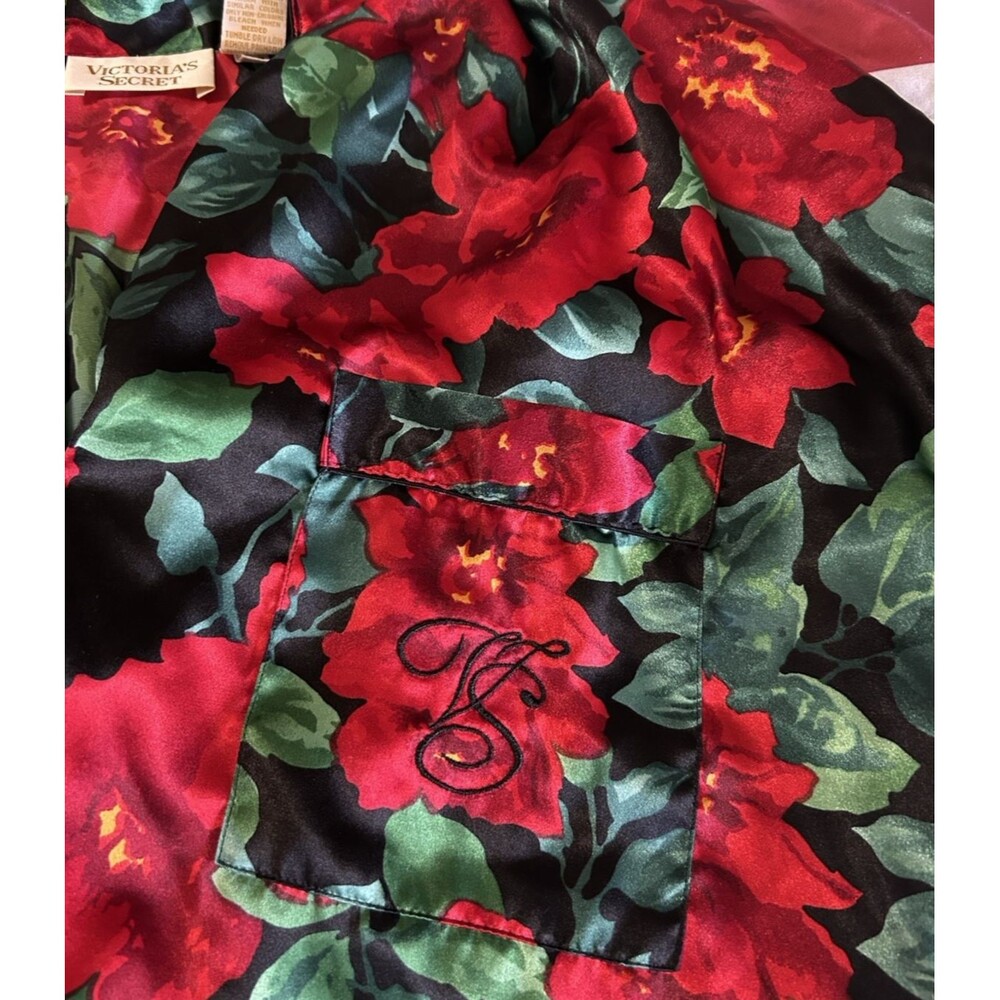Victoria Secret Vintage 90' Floral Satin Red Black Green Night Shirt Sleepwear M - Picture 8 of 9